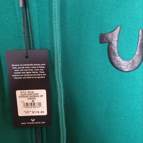 NWT True Religion Buddha Fleece Jacket Green Overlap Full Zip Hoodie Medium New - Picture 5 of 10
